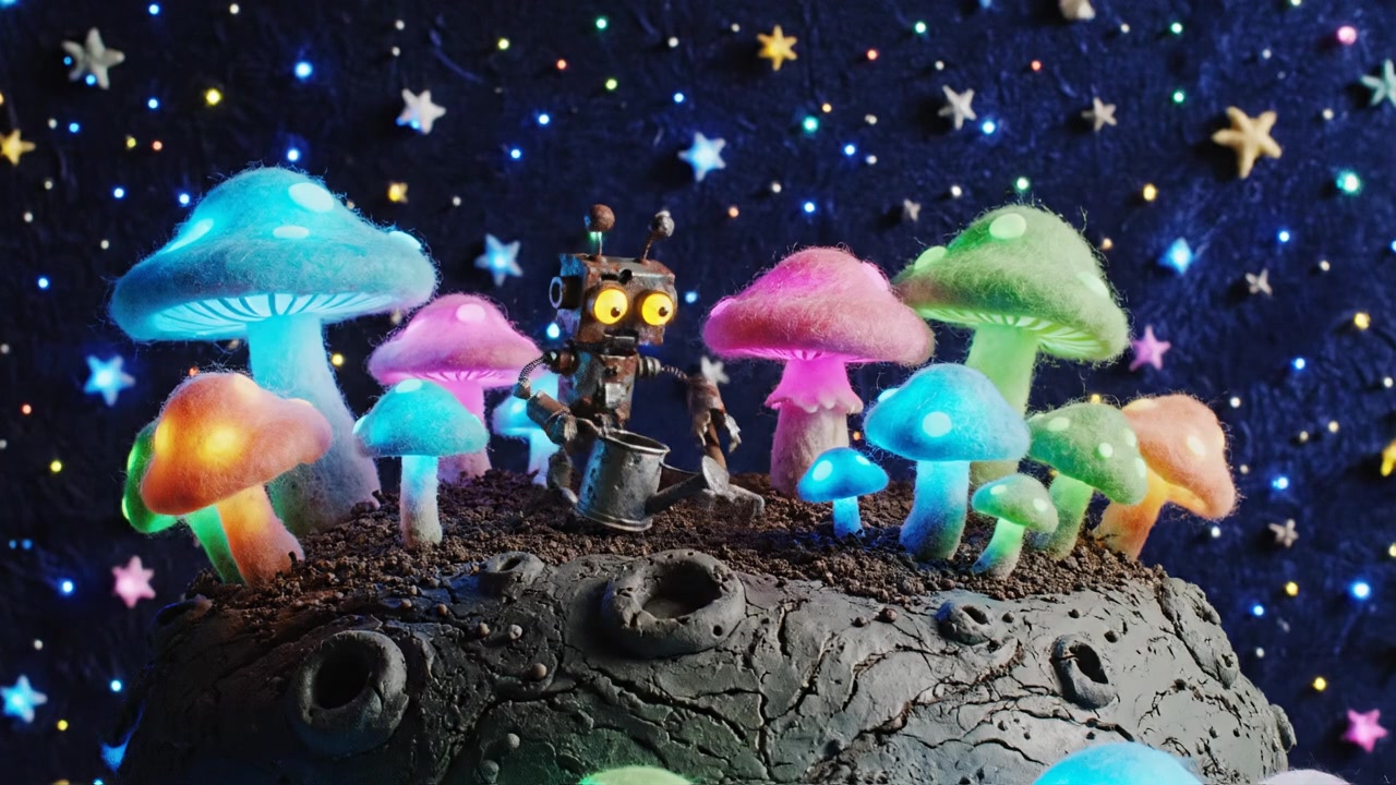 Gemini 视频生成奇幻定格动画 微型星球小机器人照料发光蘑菇花园治愈短片素材