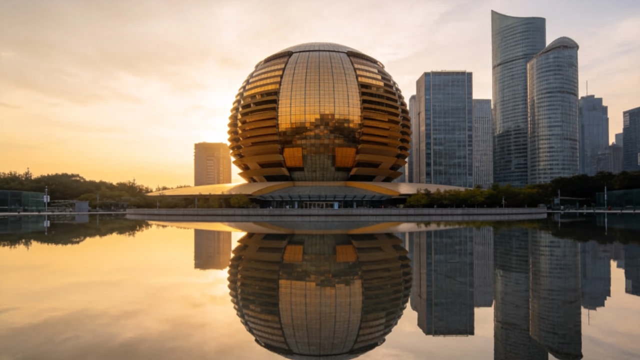 杭州国际会议中心金色球形建筑生花特效视频