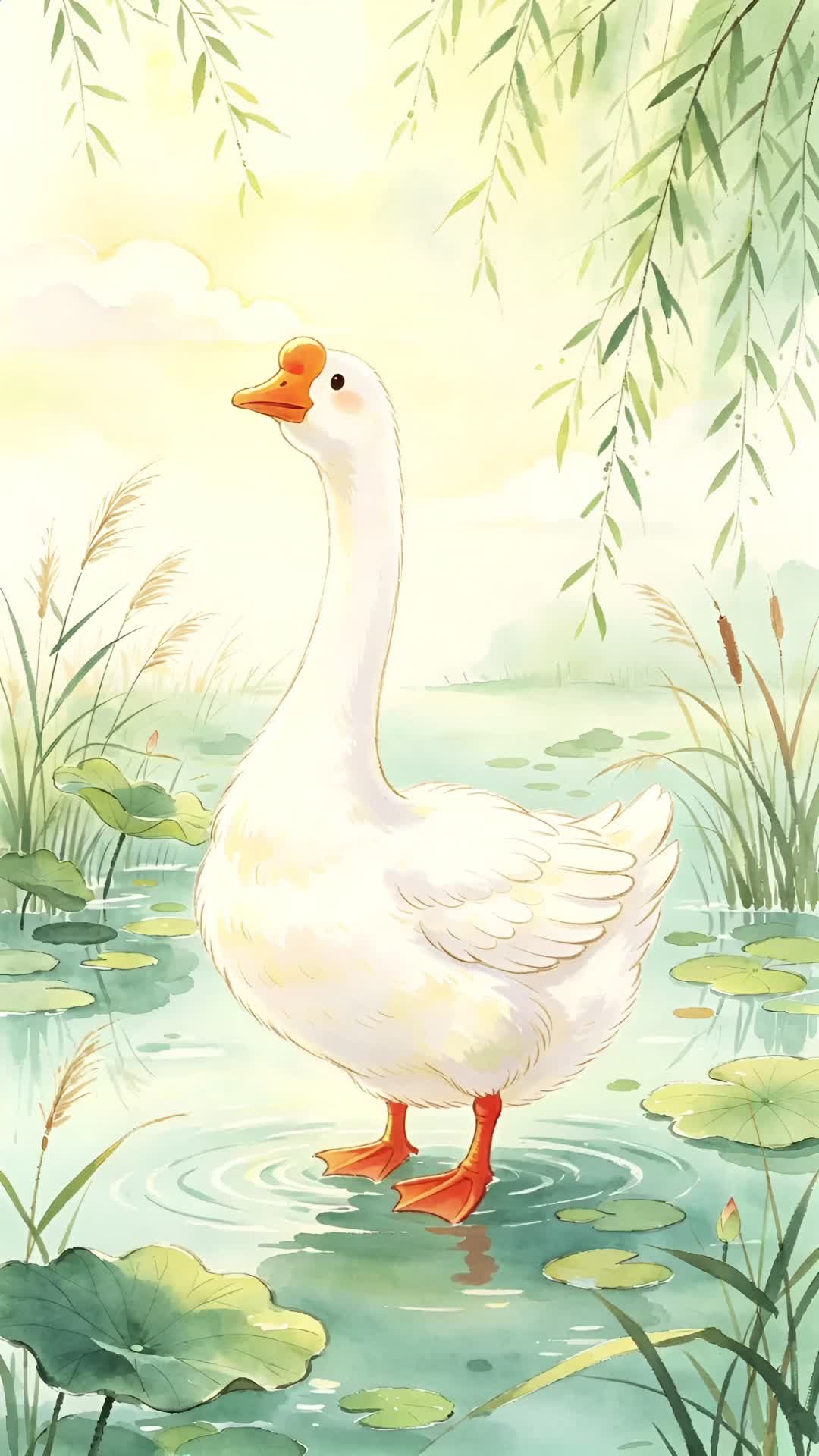 童趣淡彩水墨国风白鹅动画